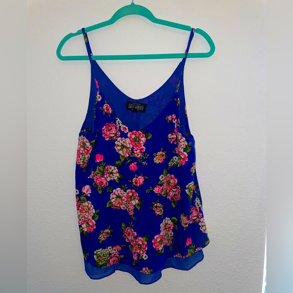 Sweet wanderer brand, Blue tank top with flowers Size L